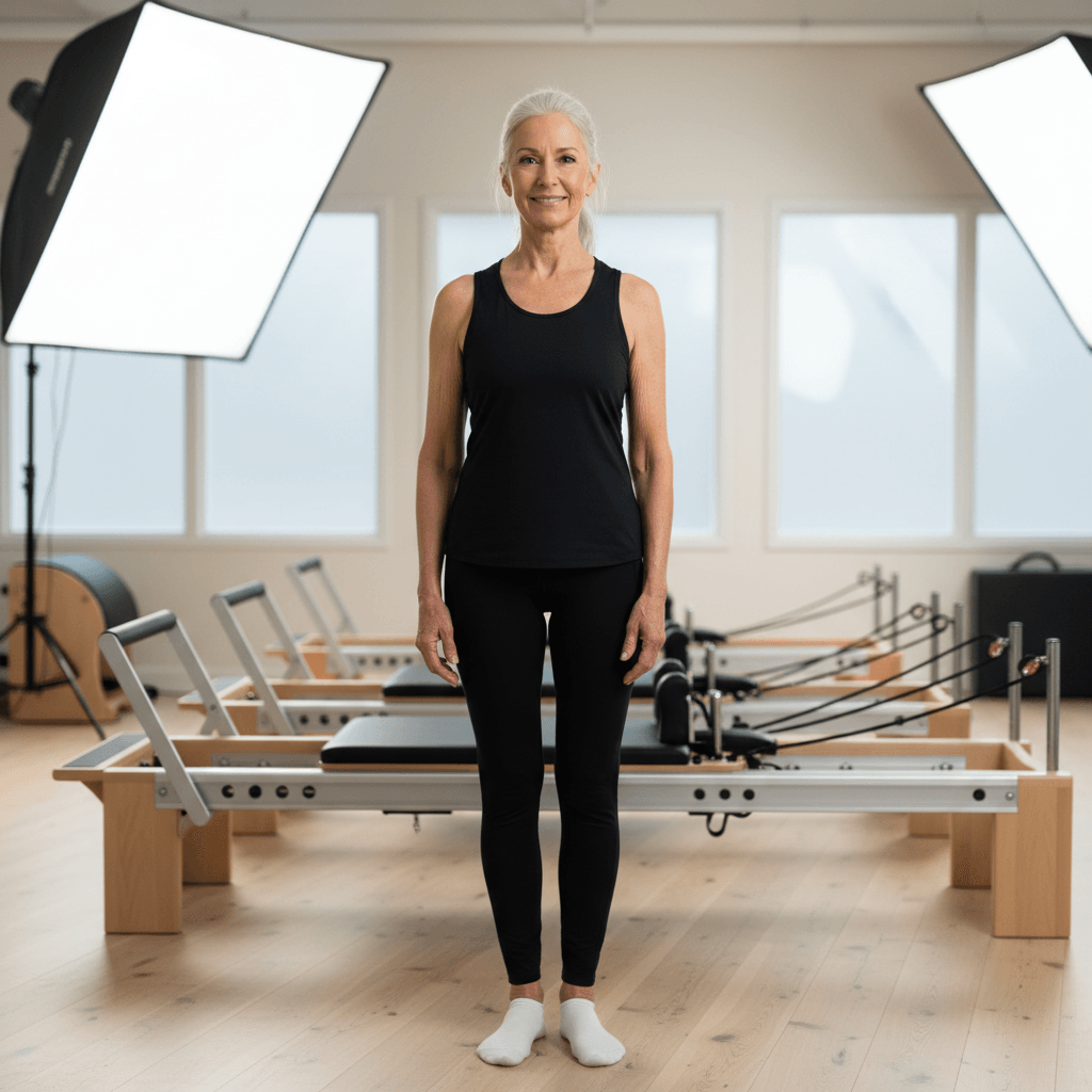 Fernanda Oliveira, instrutora sênior de Pilates, em posição profissional