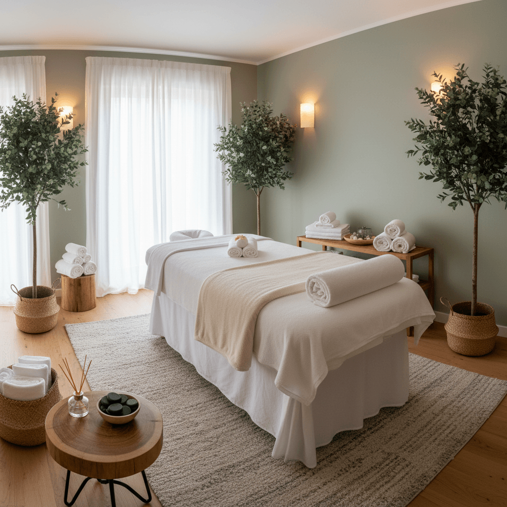 Sala de terapias com mesa de massagem e iluminação suave e relaxante