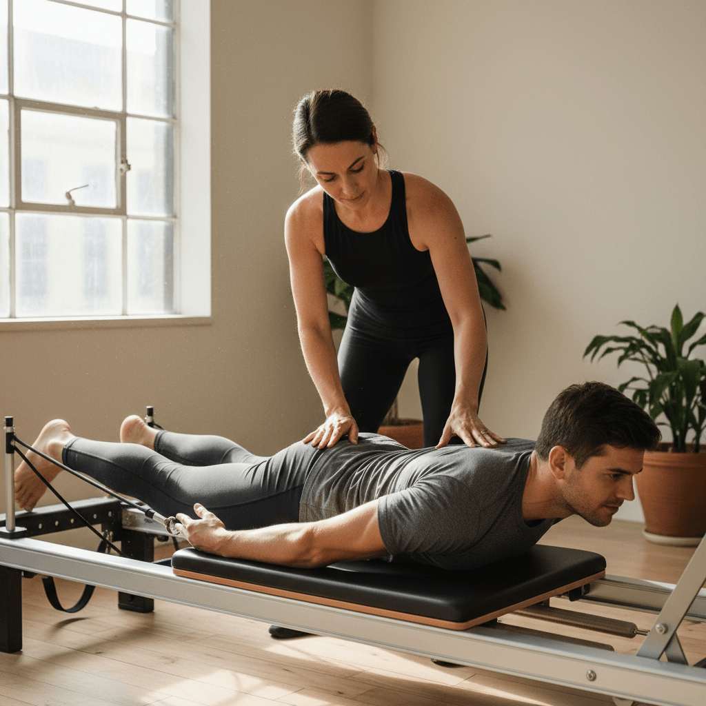 Aluna no reformer de Pilates com instrutora em estúdio moderno e bem iluminado