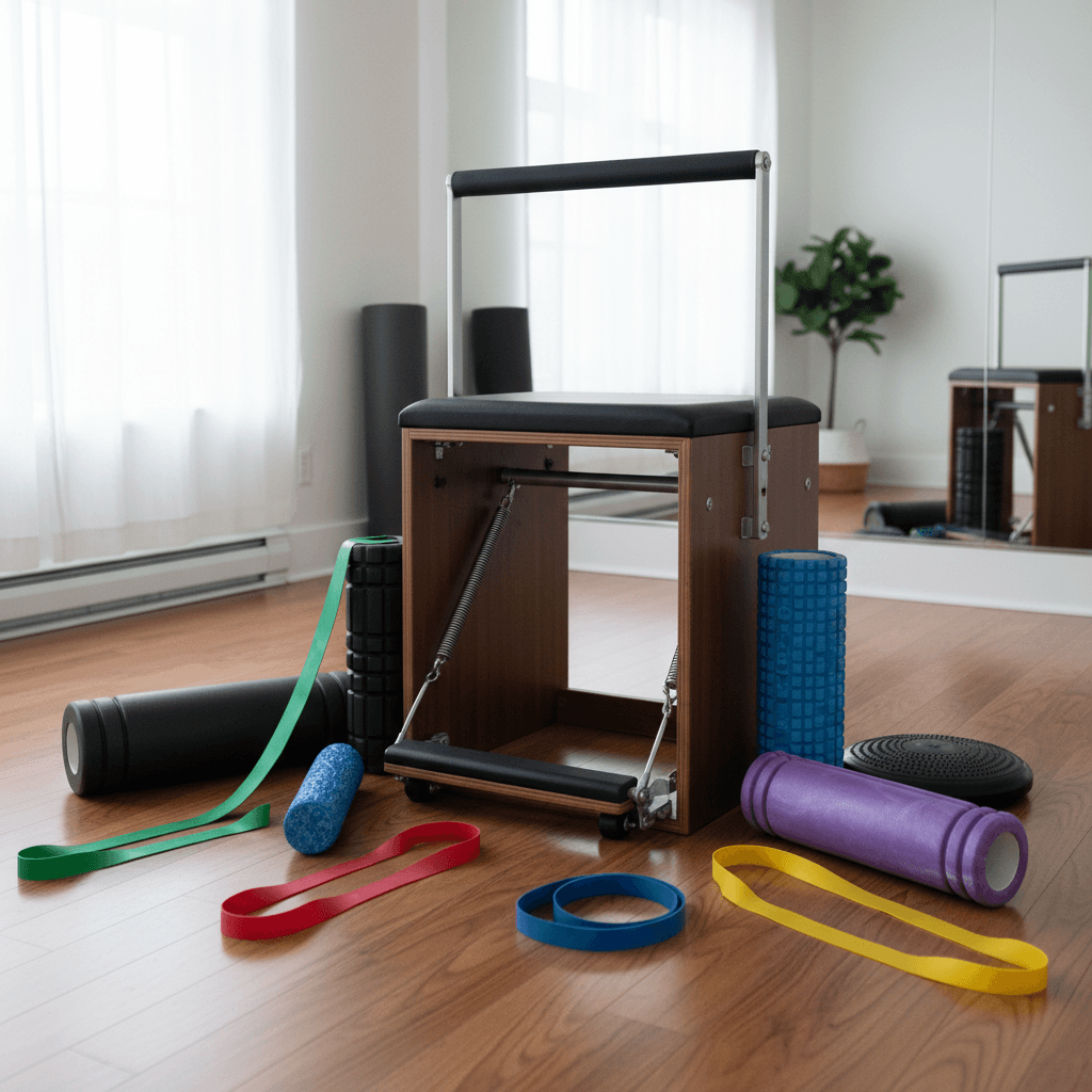 Acessórios de Pilates incluindo Wunda Chair, rolos de espuma e faixas elásticas