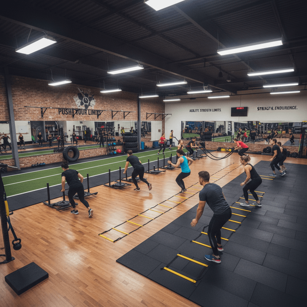 Circuito funcional com exercícios de resistência e agilidade em estúdio