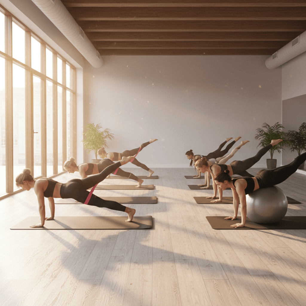 Aula de Pilates funcional com exercícios de equilíbrio e força