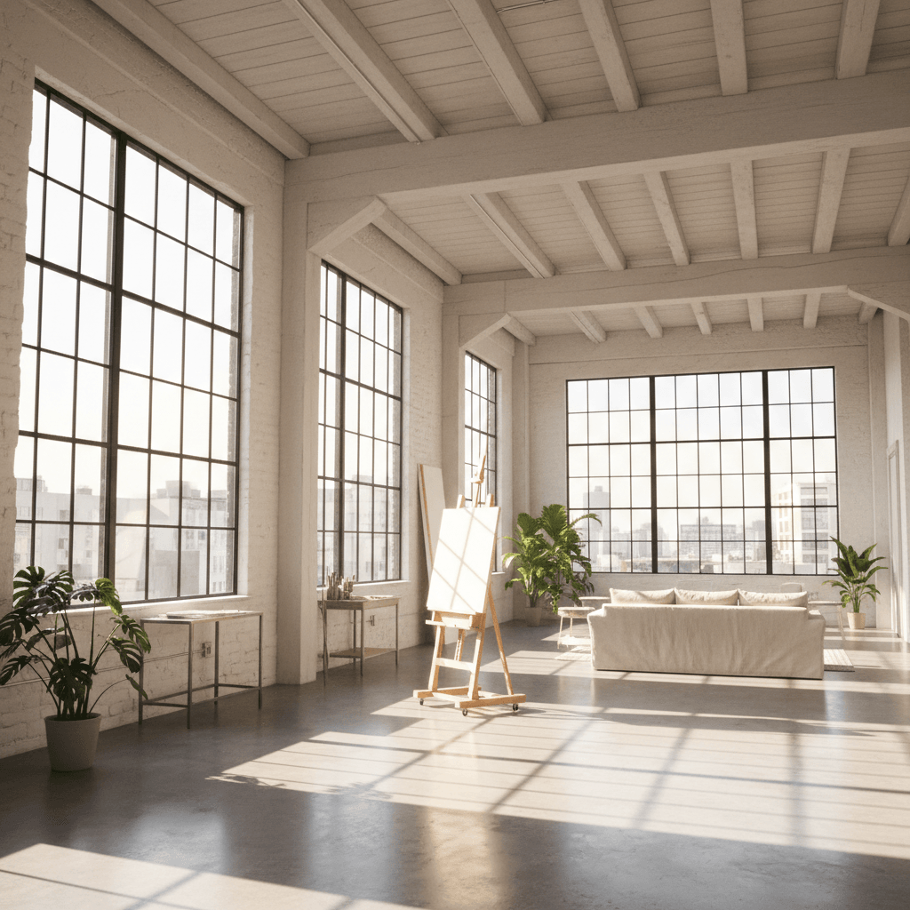Vista geral do estúdio com pé direito alto e janelas amplas