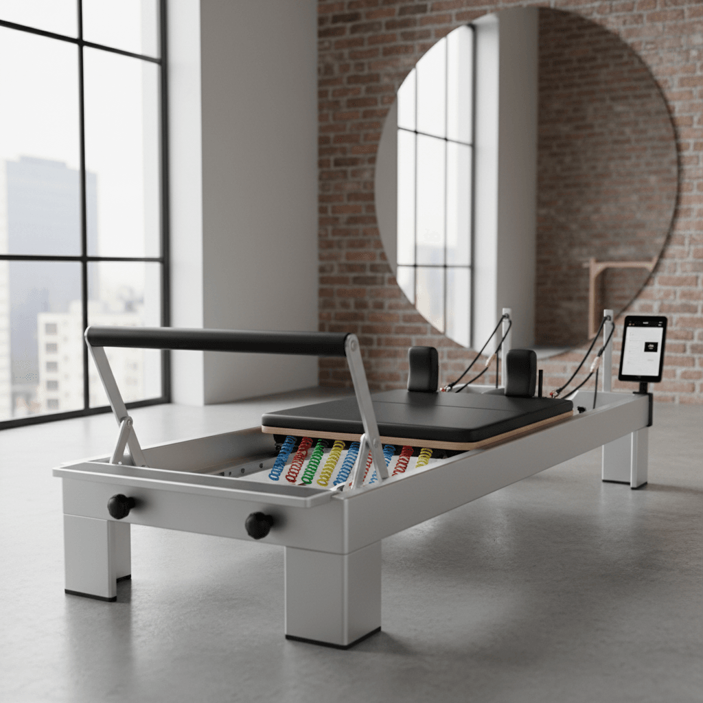 Reformer de Pilates moderno com molas de resistência e carrinho deslizante
