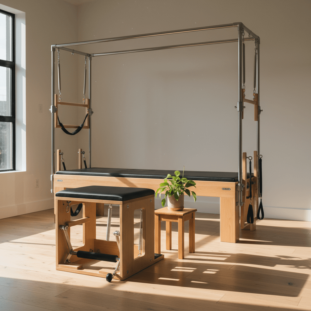 Detalhe dos equipamentos de Pilates — Cadillac e Chair em ambiente iluminado