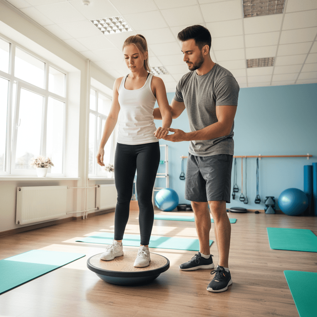 Aula em andamento com instrutora orientando aluna em exercício de equilíbrio