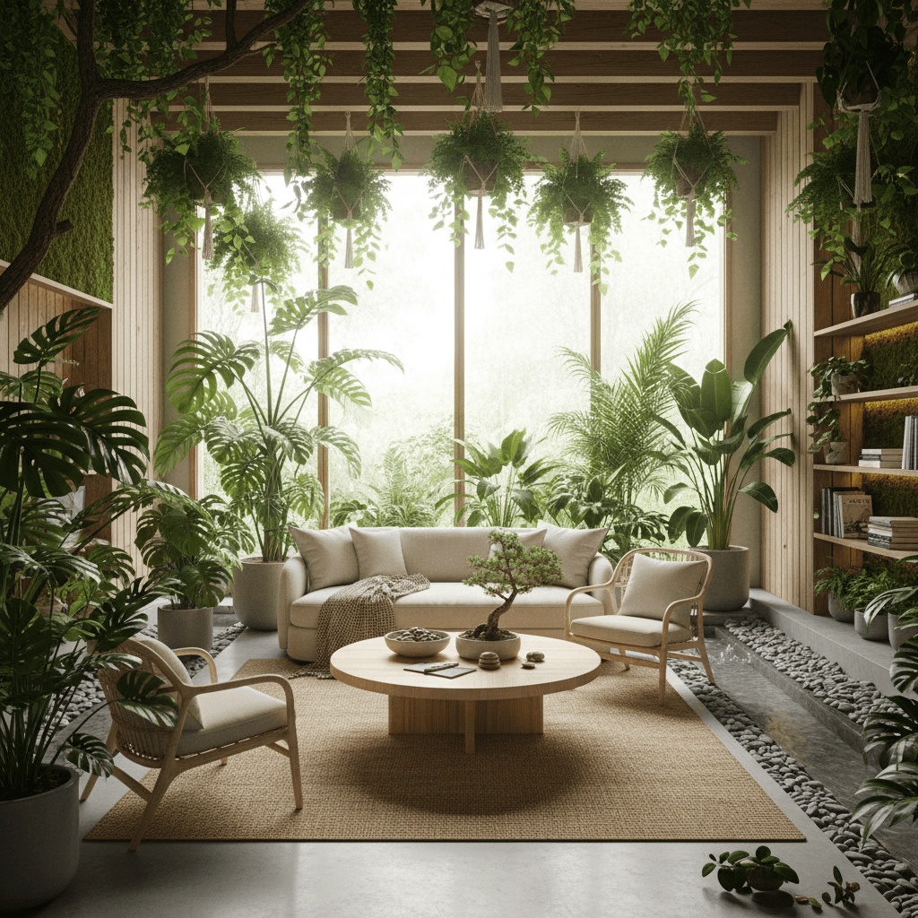 Espaço de relaxamento com plantas e elementos naturais de design biofílico